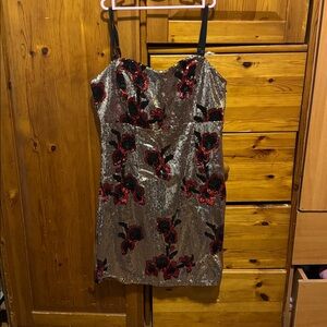 Guess Black and Red Sequin Floral Dress